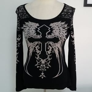 Vocal embellished cross and wing long sleeve shirt